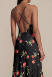 Black Floral Printed A Line V Neck Midi Wedding Guest Dress