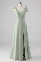 Sage Green A Line V Neck Bow Tie Straps Long Bridesmaid Dress with Slit