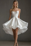 Strapless A Line Satin White Short Graduation Dress