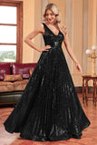 Sparkly Black A Line Pleated Long Prom Dress with Sequins