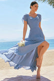 Grey Blue A Line Chiffon Lace Up Back Bridesmaid Dress with Slit