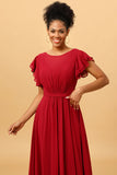 Burgundy Ruched Long Chiffon Bridesmaid Dress with Ruffles