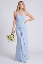Light Blue Halter Ruched Mermaid Corset Bridesmaid Dress