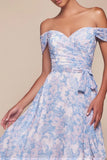 TILDA GOWN BLUE OFF THE SHOULDER FLORAL PRINTED A LINE DRESS