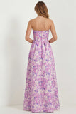 Light Blue Floral Sweetheart A Line Printed Maxi Dress with Pockets