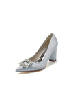 Pointed Toe Block Heels with Rhinestone