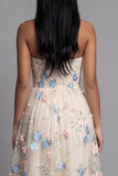 Strapless A Line Floral Ruffled Champagne Wedding Guest Dress