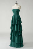 Dark Green A Line Spaghetti Straps Tiered Chiffon Floor Length Bridesmaid Dress