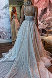 Spaghetti Straps Sequins A line Sparkly Wedding Dress Bridal Gown