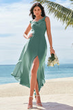 Eucalyptus A Line Square Neck Backless Floor Length Bridesmaid Dress with Slit