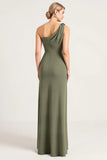 Olive One Shoulder Ruched Sheath Bridesmaid Dress with Slit
