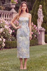 Strapless Light Blue Floral Jacquard Sheath Midi Wedding Guest Dress