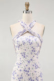 Blue Floral Halter Neck A Line Tiered Chiffon Midi Dress