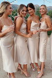 Spaghetti Straps Cowl Neck Tea Length Champagne Sheath Bridesmaid Dress