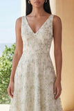 Light Green A Line V Neck Floral Midi Wedding Guest Dress