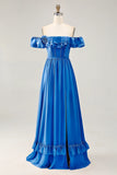 Royal Blue A line Off The Shoulder Chiffon Long Bridesmaid Dress with Slit