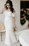 Modern Mermaid Floor length Short Off the shoulder Sleeve Satin Wedding Dress