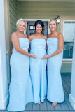 Strapless Aqua Blue Mermaid Satin Long Bridesmaid Dress