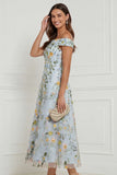 Off the Shoulder Light Blue Floral A Line Midi Wedding Guest Dress