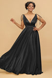 A Line Deep V Neck Backless Floor Length Bridesmaid Dress
