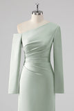 Sage Sheath One Shoulder Satin Long Bridesmaid Dress with Long Sleeves