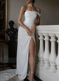 Sheath One Shoulder Sleeveless Satin Wedding Dresses with Slit
