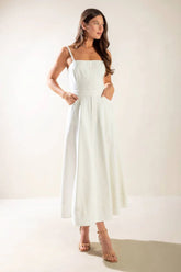 LETS GO FOR A WALK WHITE LACE UP BACK MIDI DRESS