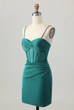 Dark Green Spaghetti Straps Corset Tight Short Satin Homecoming Dress