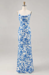 Blue Flower Printed Sheath Spaghetti Straps Maxi Dress