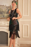 Glitter Black Green Sleeveless Sequined Fringed Gatsby Dress