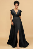 A Line V Neck Floor Length Chiffon Bridesmaid Dress with Slit