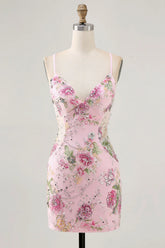 Pink Spaghetti Straps Short Floral Tight Homecoming Dress with Lace Up Back