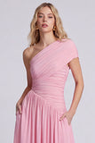 One Shoulder Pink A Line Ruched Bridesmaid Dress