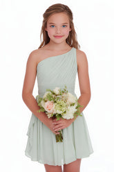 Sage Green A Line Chiffon One Shoulder Pleated Short Junior Bridesmaid Dress