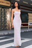 Sparkly Pink Mermaid Spaghetti Straps Long Prom Dress with Slit