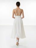 A Line V Neck Sleeveless Satin Knee Length Wedding Dress