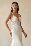 Mermaid V Neck Satin Wedding Dresses with Lace Appliques