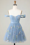 Cute Grey Blue A Line Sweetheart Convertible Short Homecoming Dress with Embroidery