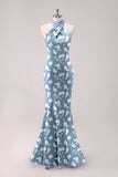 Sage White Flower Mermaid Halter Open Back Floor Length Satin Print Bridesmaid Dress