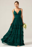 Dark Green A Line Spaghetti Straps Tiered Pleated Floor Length Bridesmaid Dress