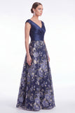 Dark Navy A Line Floral Jacquard Mother of the Bride Dress with Cap Sleeves