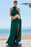 Dark Green Mermaid Halter Floor Length Satin Bridesmaid Dress