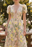 A Line Champagne V Neck Floral Wedding Guest Dress with Puff Sleeves