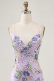 Lilac Spaghetti Straps Short Floral Tight Homecoming Dress