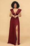 A Line Deep V Neck Long Chiffon Bridesmaid Dress with Slit