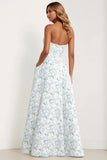 Blue Strapless Print A Line White Floral Long Satin Dress with Pockets