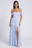 Off the Shoulder Ruched Light Blue Floral Maxi Dress with Slit