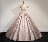 Elegant Ball Gown Pink Beaded Floral Appliques Quinceanera Dress