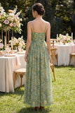 Dusty Green Floral Spaghetti Straps Long Wedding Guest Dress