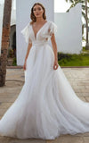 Casual Beach A Line Tulle Wedding Dress With V neck And Low V Back
